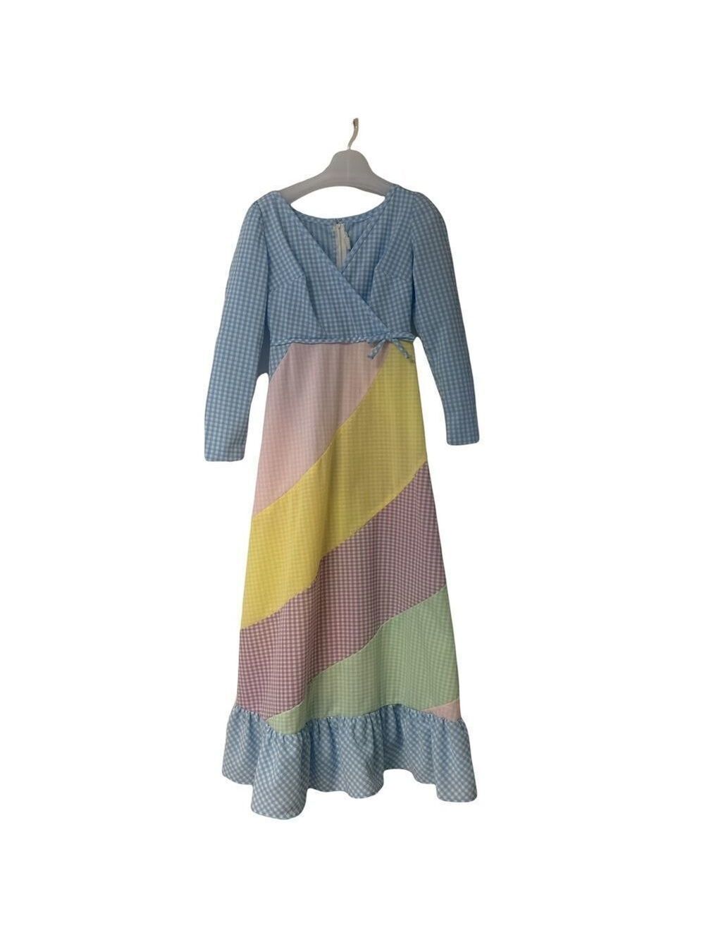 Vintage Vicky Vaughn diagonal pattern maxi 1970’s, pastel gingham.  Medium